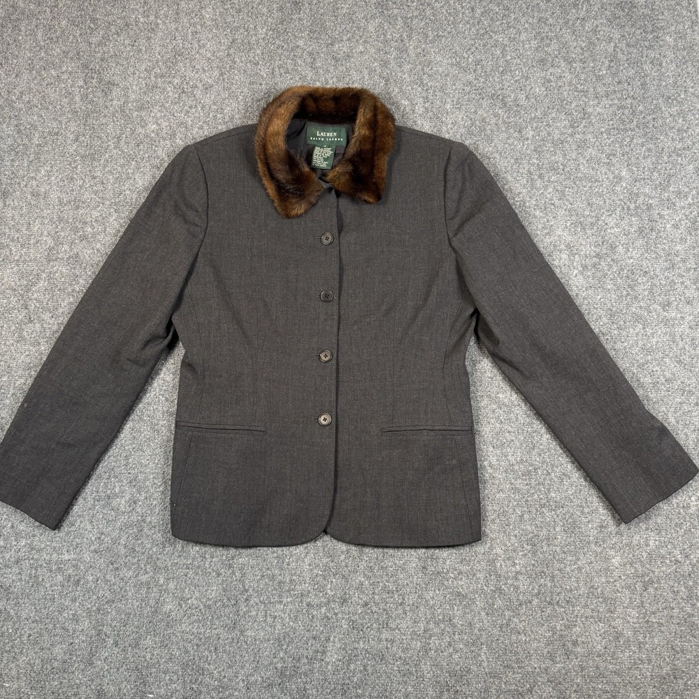Vintage Lauren Ralph Lauren Fur Collar Blazer Jacket Womens 12 Charcoal Grey